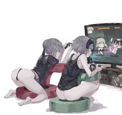 Rule 34 | &gt; &lt;, 2girls, arm support, artoria pendragon (all), artoria pendragon (fate), ass, back, bare arms, barefoot, bent over, black panties, black shirt, blush, blush stickers, bottomless, braid, breast envy, breast rest, breasts, chibi, club3, controller, dualshock, excalibur morgan (fate), closed eyes, fate/grand order, fate/stay night, fate (series), fighting game, game controller, gamepad, gameplay mechanics, grey hair, hair bun, headpiece, health bar, holding, holding sword, holding weapon, jeanne d&#039;arc (fate), jeanne d&#039;arc (ruler) (fate), jeanne d&#039;arc alter (avenger) (fate), jeanne d&#039;arc alter (fate), kneeling, large breasts, multiple girls, no pants, nose blush, panties, playing games, playstation controller, product placement, profile, saber (fate), saber alter, shirt, short hair, short sleeves, single hair bun, sitting, smile, sword, tank top, television, underwear, weapon, white background, yellow eyes