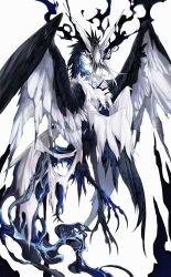Rule 34 | absurdres, animal focus, claws, deepsea9013, facing viewer, feathered wings, from side, highres, horns, monster, multiple wings, no eyes, no humans, no mouth, original, simple background, solo, spikes, tail, white background, white horns, wings
