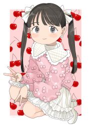Rule 34 | 1girl, absurdres, artist name, black eyes, black hair, blush, bow, cherry, commentary, dress, earrings, food, frilled dress, frills, fruit, fruit background, hair bow, highres, jewelry, looking at viewer, nagomurasan, original, pink background, pink sweater, squatting, sweater, symbol-only commentary, twintails, v, white bow, white dress