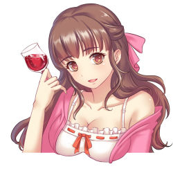 Rule 34 | 1girl, bra strap, breasts, brown eyes, brown hair, cleavage, collarbone, cup, drinking glass, hair ribbon, half updo, hateko tanuki, large breasts, matching hair/eyes, off-shoulder shirt, off shoulder, open mouth, original, ribbon, shirt, smile, solo, upper body, wine glass