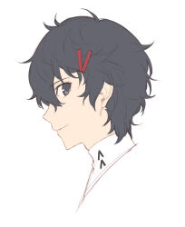 Rule 34 | 1boy, absurdres, amamiya ren, black eyes, black hair, closed mouth, hair between eyes, hair ornament, hairclip, highres, looking at viewer, looking to the side, persona, persona 5, short hair, simple background, sketch, smile, solo, tsubsa syaoin, white background