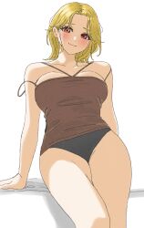 Rule 34 | 1girl, arm support, black panties, blonde hair, breasts, brown camisole, camisole, commentary, dunchy, highres, leaning back, looking at viewer, medium hair, original, panties, red eyes, simple background, solo, thighs, underwear, white background