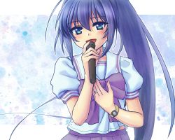Rule 34 | 1girl, :d, blue eyes, blue hair, bow, hair between eyes, hand up, hayase mitsuki, holding, holding microphone, jewelry, kimi ga nozomu eien, long hair, microphone, music, open mouth, ponytail, purple bow, purple skirt, ring, short sleeves, simple background, singing, skirt, smile, smrtw (world), solo, upper body, watch, wristwatch