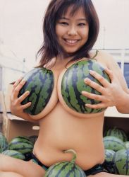 Rule 34 | asian, breast hold, breasts, brown eyes, brown hair, covering privates, food, fruit, fuko, holding, huge breasts, japanese (nationality), navel, photo (medium), plump, sitting, smile, solo, watermelon