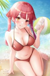 Rule 34 | :q, absurdres, arm support, bad id, bad twitter id, ball, bare legs, bare shoulders, barefoot, beach, beachball, bikini, blush, bottle, breasts, cleavage, collarbone, commentary request, halterneck, hand up, heterochromia, highres, holding, holding bottle, hololive, houshou marine, long hair, lotion bottle, medium breasts, navel, ocean, red bikini, red eyes, red hair, sitting, solo, stomach, swimsuit, tongue, tongue out, virtual youtuber, yellow eyes, yukiunag1