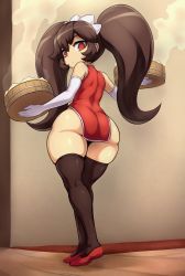 Rule 34 | 1girl, alternate costume, ashley (warioware), ass, basket, black thighhighs, brown hair, china dress, chinese clothes, curvy, dress, elbow gloves, female focus, from behind, full body, gloves, highres, jadf, long hair, looking at viewer, looking back, nintendo, plump, red dress, red eyes, red footwear, shoes, short dress, shortstack, skindentation, solo, thick thighs, thighhighs, thighs, very long hair, warioware, white gloves, wide hips