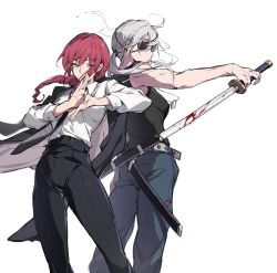 Rule 34 | 2girls, back-to-back, black necktie, black pants, black tank top, blood, blood on face, bloody weapon, braid, braided ponytail, breasts, brown hair, business suit, chainsaw man, cigarette, expressionless, eyepatch, formal, hand gesture, high-waist pants, highres, holding, holding sword, holding weapon, long hair, looking at viewer, makima (chainsaw man), medium breasts, multiple girls, muscular, muscular female, necktie, office lady, oyo hitsuji, pants, ponytail, quanxi (chainsaw man), ringed eyes, shirt, shirt tucked in, sleeveless, sleeveless shirt, smoking, suit, sword, tank top, weapon, white hair, white shirt, yellow eyes