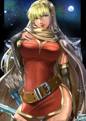 Rule 34 | 1girl, arrow (projectile), belt, belt buckle, black gloves, blonde hair, bow (weapon), breasts, brown belt, brown cape, buckle, cape, cleavage, closed mouth, commentary, contrapposto, delsaber, dress, elbow gloves, fingernails, fire emblem, fire emblem: the binding blade, full moon, gloves, hair between eyes, hand on own chest, highres, holding, holding behind back, holding bow (weapon), holding weapon, igrene (fire emblem), large breasts, light smile, lipstick, long fingernails, long hair, looking at viewer, makeup, mole, mole under eye, moon, night, nintendo, outside border, pillarboxed, quiver, red dress, red lips, side slit, solo, star (sky), weapon, yellow eyes