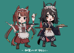 Rule 34 | 2girls, :p, ahoge, alternate costume, animal ears, brown hair, chibi, commentary request, desert, enmaided, food, fried rice, full body, green background, hair between eyes, hair ornament, hair rings, highres, horse ears, horse tail, kitasan black (umamusume), kudach i, looking at viewer, maid, maid headdress, multiple girls, purple eyes, shoes, simple background, spoon, sweep tosho (umamusume), tail, tongue, tongue out, translation request, tray, twintails, umamusume, wa maid
