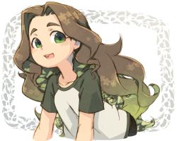 Rule 34 | 1girl, :3, arm support, black pants, blush, brown hair, collarbone, commentary request, enuma (uma-festival), flat chest, floral print, green eyes, green hair, green sleeves, idolmaster, idolmaster cinderella girls, kusakabe wakaba, long hair, looking at viewer, multicolored hair, open mouth, pants, parted bangs, shirt, simple background, smile, solo, t-shirt, teeth, thick eyebrows, two-tone hair, upper body, wavy hair, white background, white shirt