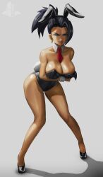 Rule 34 | 1girl, absurdres, animal ears, black hair, black leotard, breasts, detached collar, dragon ball, dragon ball super, earrings, elite nappa, fake animal ears, fake tail, full body, highres, hoop earrings, jewelry, kale (dragon ball), large breasts, leotard, necktie, playboy bunny, ponytail, rabbit ears, rabbit tail, red necktie, solo, standing, tail, wrist cuffs