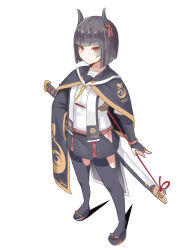 Rule 34 | &gt;:(, 1girl, black cloak, black footwear, black hair, black skirt, black thighhighs, bridal gauntlets, brown eyes, cloak, closed mouth, collarbone, commentary request, full body, highres, hip vent, horns, katana, kuro kosyou, light frown, oni, original, panties, red panties, sandals, shadow, sheath, sheathed, shirt, short hair, side-tie panties, simple background, skirt, solo, standing, sword, thighhighs, underwear, v-shaped eyebrows, weapon, white background, white shirt, zouri