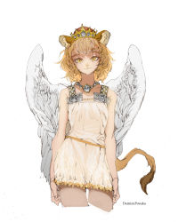 Rule 34 | 1girl, animal ears, artist name, bare arms, bare shoulders, blonde hair, collarbone, crown, demizu posuka, diamond (gemstone), dress, eyebrows, eyelashes, feathered wings, feathers, female focus, fingernails, jewelry, lion ears, lion tail, looking at viewer, medium hair, necklace, original, pale skin, short dress, sleeveless, smile, solo, solo focus, tail, thighs, twitter username, watermark, white background, white dress, wings, yellow eyes