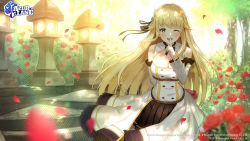 Rule 34 | 1girl, arm behind back, aurora (azur lane), azur lane, bare shoulders, belt, blonde hair, breasts, brown skirt, buttons, cleavage cutout, clothing cutout, detached sleeves, double-breasted, dress, finger to mouth, flower, garden, gift, green eyes, hair ribbon, haru (hiyori-kohal), highres, large breasts, long hair, miniskirt, official art, one eye closed, petals, pleated skirt, red flower, red rose, ribbon, rose, rose petals, skirt, skirt under dress, solo, tree, white dress
