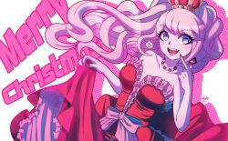 Rule 34 | 1girl, :d, bear hair ornament, blonde hair, blue eyes, bow, breasts, crown, danganronpa: trigger happy havoc, danganronpa (series), danganronpa 10th anniversary costume, dress, dutch angle, enoshima junko, frilled dress, frills, hair ornament, highres, inglebard, large breasts, long hair, merry christmas, nail polish, official alternate costume, official alternate hairstyle, open mouth, ponytail, red dress, red nails, smile, solo, teeth, upper body