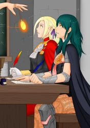 Rule 34 | 20s, 3girls, armor, belt, black dress, black jacket, blonde hair, breastplate, breasts, brown legwear, byleth (female) (fire emblem), byleth (fire emblem), cape, chalkboard, chalkboard writing, classroom, desk, dress, edelgard von hresvelg, female focus, fire emblem, fire emblem: three houses, fire emblem heroes, gloves, glowing, glowing eyes, green hair, hair ribbon, highres, holding, holding pen, hypnosis, indoors, ink bottle, intelligent systems, jacket, jacket on shoulders, knee brace, large breasts, long sleeves, looking at another, magic, medium breasts, medium hair, mind control, multiple girls, nail polish, nintendo, oo sebastian oo, out of frame, pantyhose, paper, parted lips, pen, pocket watch, purple ribbon, quill, red cape, red legwear, ribbon, school, shorts, sitting, standing, submission, swinging, vambraces, watch, watching, weapon, white gloves, writing, yellow eyes