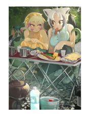 Rule 34 | 4girls, african rock python (kemono friends), alternate costume, animal ears, bad id, bad twitter id, bare arms, bare shoulders, bear ears, bird tail, black hair, blue hair, border, breast pocket, breasts, brown hair, bucket, camping, casual, closed mouth, commentary request, contemporary, corn, corn dog, cup, day, dress, extra ears, eyelashes, ezo brown bear (kemono friends), facing away, fingernails, food, food in mouth, full body, greater roadrunner (kemono friends), grey hair, hairband, high ponytail, highres, igarashi (nogiheta), kemono friends, long hair, looking at another, medium breasts, medium hair, mouth hold, multicolored hair, multiple girls, nail polish, outdoors, pants, parted bangs, passenger pigeon (kemono friends), plate, pocket, pointing, purple eyes, purple hair, sandals, sausage, shirt, shoes, short dress, side-by-side, sidelocks, sleeveless, sleeveless dress, sleeveless shirt, slit pupils, smile, snake tail, squatting, standing, table, tail, toenails, toes, tsurime, twintails, two-tone hair, unaligned breasts