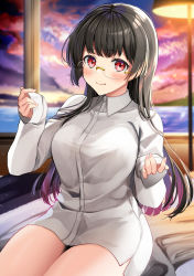 Rule 34 | 1girl, absurdres, bare legs, black hair, blush, breasts, buttons, choukai (kancolle), closed mouth, collared shirt, fingernails, glasses, highres, kantai collection, large breasts, long hair, ocean, red eyes, rimless eyewear, shirt, sleeves past wrists, solo, white shirt, yunamaro