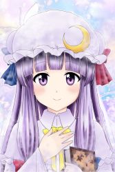 Rule 34 | 1girl, blush, book, bow, capelet, crescent, crescent hair ornament, double bun, gradient background, hair bow, hair bun, hair ornament, hand on own chest, hat, hat ribbon, highres, long hair, looking at viewer, mob cap, patchouli knowledge, purple eyes, purple hair, reimei (r758120518), ribbon, sidelocks, smile, solo, touhou, upper body
