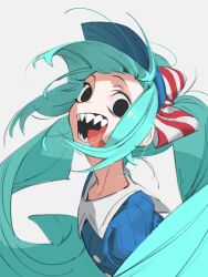 Rule 34 | 1girl, :p, absurdres, amrkdrw, aqua hair, black eyes, blue hat, blue shirt, bow, collar, crazy eyes, empty eyes, hat, hat bow, hatsune miku, highres, looking at viewer, mesmerizer (vocaloid), open mouth, red bow, sharp teeth, shirt, solo, striped bow, teeth, tongue, tongue out, twintails, upper body, visor cap, vocaloid, white collar