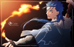 Rule 34 | 1boy, blue hair, capelet, cu chulainn (fate), cu chulainn (caster) (fate), earrings, english text, fang, fate/grand order, fate (series), fire, floating hair, framed, fuji121, fur-trimmed hood, fur trim, hood, hood down, hooded capelet, jewelry, cu chulainn (fate/stay night), long hair, looking to the side, magic, male focus, multiple piercings, open mouth, pointing, red eyes, solo, spiked hair, staff, type-moon, vambraces, wooden staff