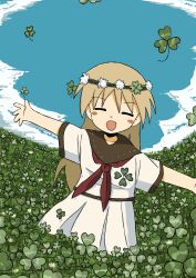 Rule 34 | 1girl, :d, absurdres, blonde hair, clover, clover print, day, closed eyes, head wreath, highres, kishimen udn, long hair, open mouth, original, outdoors, outstretched arms, smile, solo, spread arms