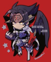 Rule 34 | 1boy, black wings, character name, closed mouth, devil jin, facial mark, forehead jewel, full body, gloves, grey horns, horns, kazama jin, kotorai, looking ahead, male focus, no nose, red background, red footwear, red gloves, short hair, signature, star (symbol), tekken, v-shaped eyebrows, wings, yellow eyes