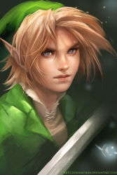 Rule 34 | 1boy, blonde hair, blue eyes, eyelashes, face, fairy, hat, highres, link, lips, male focus, navi, nintendo, nose, pointy ears, realistic, sakimichan, sweat, sword, the legend of zelda, the legend of zelda: ocarina of time, tunic, watermark, weapon