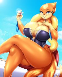 Rule 34 | 1girl, artist name, beach, black one-piece swimsuit, blue eyes, blue sky, blush, breasts, chair, cleavage, cloud, cocktail glass, creatures (company), crossed legs, cup, day, drink, drinking glass, dutch angle, female focus, floatzel, furry, furry female, game freak, gen 4 pokemon, glass, half-closed eyes, hand on own chest, hands up, holding, huge breasts, looking at viewer, mleonheart, multiple tails, nail polish, nintendo, one-piece swimsuit, outdoors, personification, pokemon, pokemon (creature), pokemon dppt, shiny skin, sitting, sky, smile, solo, strapless, strapless one-piece swimsuit, sunlight, swimsuit, tail, teeth, thick thighs, thighs, two tails, watermark