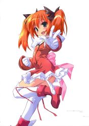 Rule 34 | 10s, 1girl, :d, absurdres, green eyes, highres, kaitou tenshi twin angel, komatsu eiji, minazuki haruka (twin angel), open mouth, orange hair, shoes, simple background, smile, thighhighs, twin angel, twintails, white thighhighs, winged footwear, wings