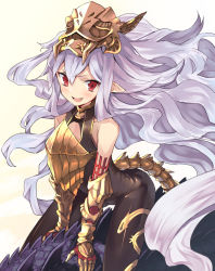 Rule 34 | 1girl, :d, armor, bare shoulders, big hair, black bodysuit, blush, bodysuit, commentary request, fang, gauntlets, granblue fantasy, hair between eyes, highres, long hair, looking at viewer, mask, mask on head, medusa (shingeki no bahamut), nuqura, open mouth, red eyes, riding, scales, shingeki no bahamut, silver hair, smile, solo, tail, v-shaped eyebrows, very long hair