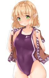 Rule 34 | 1girl, blonde hair, blouse, blush, breasts, brown shirt, closed mouth, collarbone, competition swimsuit, covered navel, cowboy shot, embarrassed, eyelashes, fujiko (emnprmn), gluteal fold, green eyes, hair between eyes, highres, lips, looking at viewer, medium breasts, mizuhashi parsee, one-piece swimsuit, pointy ears, purple one-piece swimsuit, shirt, short hair, short sleeves, simple background, solo, standing, swimsuit, swimsuit under clothes, touhou, undressing, white background