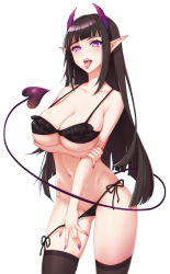 Rule 34 | 1girl, absurdres, bare shoulders, black bra, black hair, black panties, black thighhighs, bra, breasts, cleavage, collarbone, commentary request, demon tail, highres, horns, large breasts, lis zhu long, long hair, navel, original, panties, pointy ears, purple eyes, pussy, pussy peek, saliva, simple background, solo, tail, teeth, thighhighs, tongue, tongue out, underwear, upper teeth only, white background