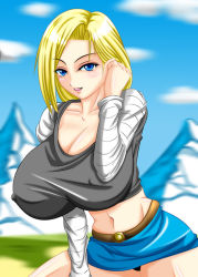 Rule 34 | android 18, blonde hair, blue eyes, breasts, bursting breasts, dragon ball, dragonball z, hokuoh fuhai, huge breasts, large breasts