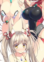 Rule 34 | 3girls, breasts, chest jewel, cleavage, competition swimsuit, dress swimsuit, grey hair, highres, large breasts, multiple girls, mythra (radiant beach) (xenoblade), mythra (xenoblade), nia (blade) (xenoblade), nia (fancy sundress) (xenoblade), nia (xenoblade), one-piece swimsuit, pyra (pro swimmer) (xenoblade), pyra (xenoblade), swimsuit, watsuki ayamo, xenoblade chronicles (series), xenoblade chronicles 2, yellow eyes