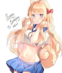 Rule 34 | 1girl, :o, animal ears, blonde hair, blue eyes, blue skirt, bow, breasts, cowboy shot, crop top, crop top overhang, drawstring, groin, hair bow, hands up, happy birthday, highres, holding, holding hair, kagefumi, long hair, looking at viewer, medium breasts, midriff, miniskirt, navel, original, parted lips, pleated skirt, sailor collar, school uniform, serafuku, shirt, short sleeves, simple background, skirt, solo, stomach, tail, thick eyebrows, two side up, very long hair, white background, white shirt
