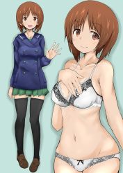 Rule 34 | 1girl, alternate legwear, black thighhighs, blue coat, blush, bow, bow panties, bra, breasts, brown eyes, brown footwear, brown hair, buttons, coat, collared shirt, commentary, double-breasted, girls und panzer, green background, groin, hand on own chest, head tilt, lace, lace-trimmed panties, lace trim, light blush, loafers, looking at viewer, medium breasts, miniskirt, multiple views, navel, ngc20701, nishizumi miho, ooarai school uniform, open mouth, panties, pleated skirt, school uniform, shadow, shirt, shoes, short hair, simple background, skindentation, skirt, smile, standing, thighhighs, underwear, underwear only, waving, white bra, white panties, winter uniform, zettai ryouiki