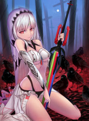 Rule 34 | 1girl, altera (fate), bare shoulders, dark skin, dark-skinned female, detached sleeves, fate/grand order, fate (series), long hair, looking at viewer, midriff, navel, photon ray (fate), red eyes, revision, solo, sword, tsuki suigetsu, veil, weapon, white hair
