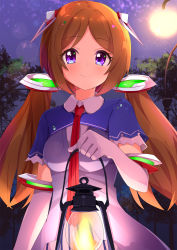 Rule 34 | 1girl, aki rosenthal, aki rosenthal (1st costume), ame., blush, breasts, brown hair, closed mouth, commentary request, detached hair, dress, elbow gloves, full moon, gloves, headgear, highres, holding, holding lantern, hololive, lamppost, lantern, long hair, looking at viewer, low twintails, medium breasts, moon, night, night sky, outdoors, parted bangs, purple eyes, red neckwear, short sleeves, shrug (clothing), sky, smile, solo, tree, twintails, very long hair, virtual youtuber, white dress, white gloves