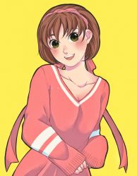 Rule 34 | 1girl, blush, breasts, brown hair, collarbone, gensou suikoden, gensou suikoden ii, green eyes, hairband, highres, khansa dk., looking at viewer, nanami (suikoden), open mouth, short hair, simple background, smile, solo
