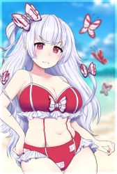 Rule 34 | 1girl, artist name, beach, belly, bikini, blue sky, blunt bangs, blurry, blurry background, blush, border, bow, breasts, bug, butterfly, cleavage, cloud, commentary, cowboy shot, flomjom, frilled bikini, frills, frown, fujiwara no mokou, hair bow, hand on own hip, highres, insect, large breasts, long hair, looking at viewer, multicolored bow, nail polish, navel, red bikini, red bow, red eyes, red nails, sky, solo, swimsuit, touhou, very long hair, watermark, white bow, white hair