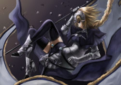 Rule 34 | 1girl, arm up, armor, armored boots, armored dress, bad id, bad pixiv id, banner, black thighhighs, blonde hair, blue dress, blue eyes, boots, braid, dress, fate/apocrypha, fate (series), floating hair, from side, full body, gauntlets, high heel boots, high heels, highres, holding, holding weapon, jeanne d&#039;arc (fate), jeanne d&#039;arc (ruler) (fate), kuune (muttey-myg), long hair, sheath, sheathed, single braid, solo, sword, thighhighs, very long hair, weapon
