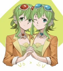Rule 34 | 2girls, blue-tinted eyewear, blue eyes, brooch, cheek-to-cheek, collar, commentary, cropped torso, detached collar, dual persona, goggles, goggles on head, green eyes, green hair, green tube top, gumi, gumi (ai megpoid), headphones, heads together, highres, holding hands, jacket, jewelry, looking at viewer, multiple girls, one eye closed, orange jacket, red goggles, smile, strapless, synthesizer v, tinted eyewear, tube top, upper body, vocaloid, white background, wounds404