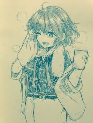 Rule 34 | 1girl, ;d, ahoge, belt, blush, breasts, collared shirt, commentary request, cowboy shot, cup, efukei, hair between eyes, hand up, highres, holding, holding cup, horikawa raiko, lightning bolt symbol, medium breasts, monochrome, mug, off shoulder, one-hour drawing challenge, one eye closed, open mouth, shirt, short hair, short sleeves, skirt, smile, solo, sweat, touhou, towel, towel around neck, traditional media