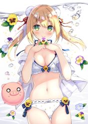 Rule 34 | 1girl, air bubble, animal, anzu (sumisaki yuzuna), bad id, bad pixiv id, bare shoulders, bikini, blonde hair, blue flower, blue pansy, breasts, bubble, bun cover, cleavage, closed mouth, commentary request, cowboy shot, double bun, flower, green eyes, hair between eyes, hair bun, hair ribbon, hands up, holding, holding flower, jacket, navel, off shoulder, original, pansy, pig, purple flower, red ribbon, ribbon, short sleeves, side bun, small breasts, smile, solo, sumisaki yuzuna, swimsuit, twintails, water drop, white bikini, white flower, white jacket, yellow flower, yellow pansy