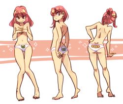 Rule 34 | 10s, 1girl, :&gt;, alternate hairstyle, animal print, ass, back, barefoot, collage, covering privates, covering breasts, dimples of venus, frog print, hair bun, hair down, jakuzure nonon, kill la kill, monkey, nozo (fitton), panties, panties only, pink eyes, pink hair, print panties, single hair bun, topless, underwear, underwear only, white panties