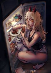 Rule 34 | 1girl, ass, ayaki blade, black tank top, blonde hair, blurry, breasts, chainsaw man, chicken (food), chicken leg, chromatic aberration, cleavage, cross-shaped pupils, eating, egg (food), food, food on face, highres, horns, jar, medium breasts, meowy (chainsaw man), messy, panties, plate, power (chainsaw man), refrigerator, solo, spaghetti strap, spill, squatting, symbol-shaped pupils, tank top, underwear, white panties, yellow eyes