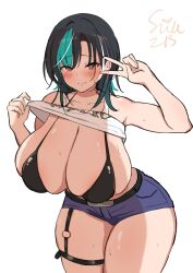 1girl aqua_streaks bikini black_bikini black_hair blush breasts cleavage clothes_lift commentary_request garter_straps hands_up hashtag-only_commentary highres hololive hololive_dev_is huge_breasts looking_at_viewer medium_hair o-ring red_eyes rindo_chihaya shirt_lift signature simple_background smile solo suica_koubou sweat swimsuit tank_top thick_thighs thigh_strap thighs v white_background white_tank_top