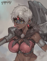 Rule 34 | 1girl, armlet, armor, bikini armor, breasts, cleavage, commentary, crossover, dark-skinned female, dark skin, detached collar, earrings, english commentary, eyelashes, facepaint, forehead jewel, fur collar, highres, huge weapon, jewelry, large breasts, making-of available, mallet, monster hunter, monster hunter: world, monster hunter (series), norasuko, over shoulder, pendant, ramona (the prey), scar, short hair, silver hair, simple background, solo, the prey (norasuko), upper body, weapon, weapon over shoulder, yellow eyes