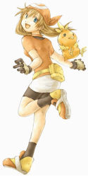 Rule 34 | 1girl, back, bike shorts, creatures (company), female focus, game freak, gen 3 pokemon, hat, looking at viewer, looking back, lowres, may (pokemon), nintendo, pokemon, pokemon (creature), simple background, skirt, torchic, white skirt